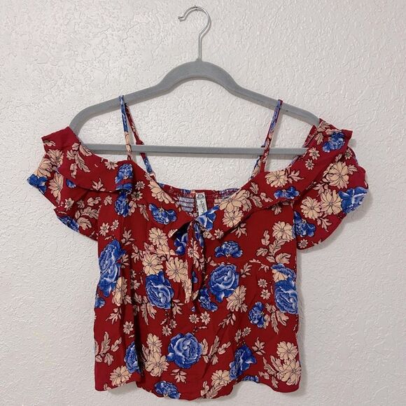 American Rag red floral off shoulder ruffle top size small - Picture 1 of 16